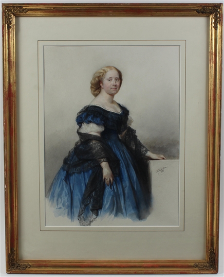 A portrait of a young woman in a blue dress and with a lace veil