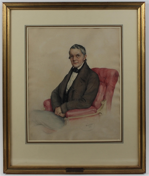A portrait of a wrinkled gentleman seated in a red armchair