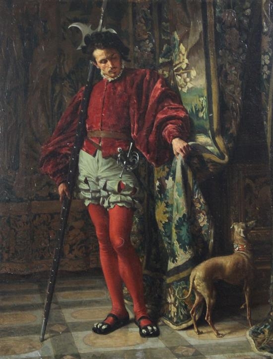 Artwork by Charles Alexandre Coëssin De La Fosse, Florentine guardsmen and a hound beside a doorway, Made of oil on wooden panel