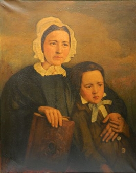 A formal portrait of a woman and child in dark clothing against a warm, textured background.