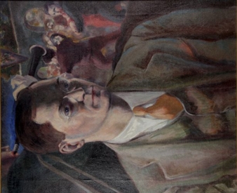 A portrait of a man with glasses and a tie, set against a surreal background featuring floating figures.