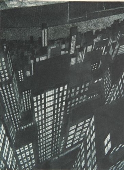 A monochromatic cityscape viewed from a low angle, emphasizing towering skyscrapers and grid-like windows.