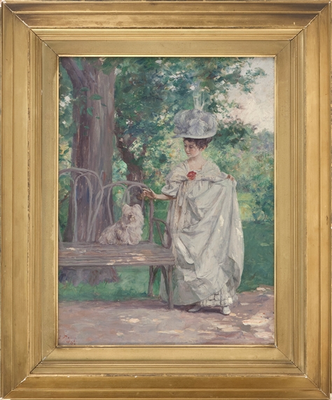 A finely dressed young woman stops to admire a dog by Louis Betts, 1896