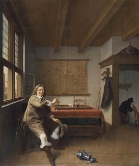 An interior with a gentleman holding a glass, two figures kissing in a doorway beyond - Isaac Koedijck