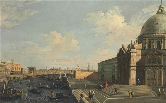 Venice: the Grand Canal with the Church of Santa Maria della Salute, along the Riva degli Schiavoni by Canaletto