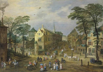A townscape with figures and horse-drawn carts, carrying vegetables and other produce to market - Joos de Momper II