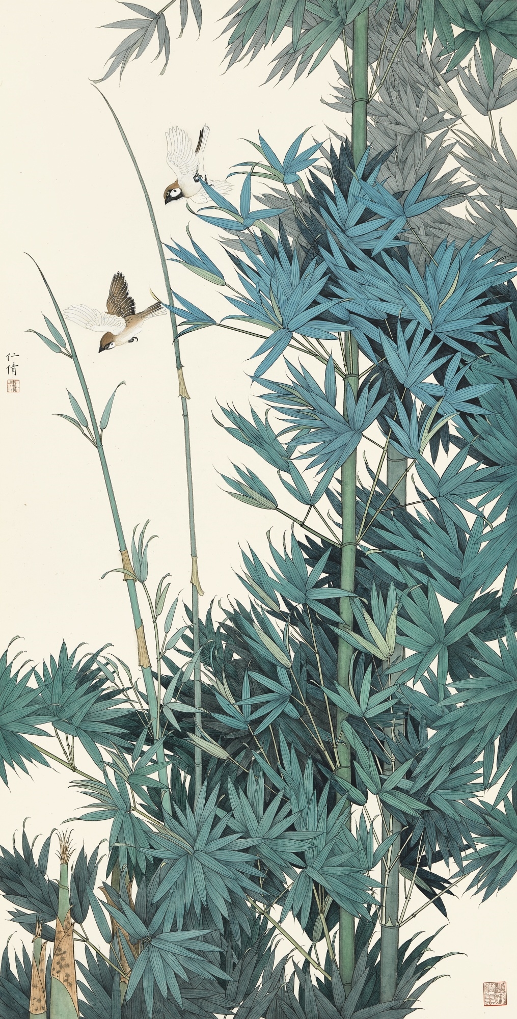 Artwork by Chen Renqian, BIRDS BY THE BAMBOO GROVE, Made of ink and colour on paper, hanging scroll