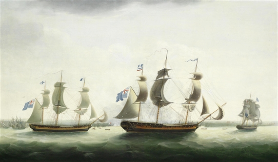 H.M.S. Melampus with the frigates Diamond, Hebe, Niger and Siren off Jersey by Francis Holman, 1795