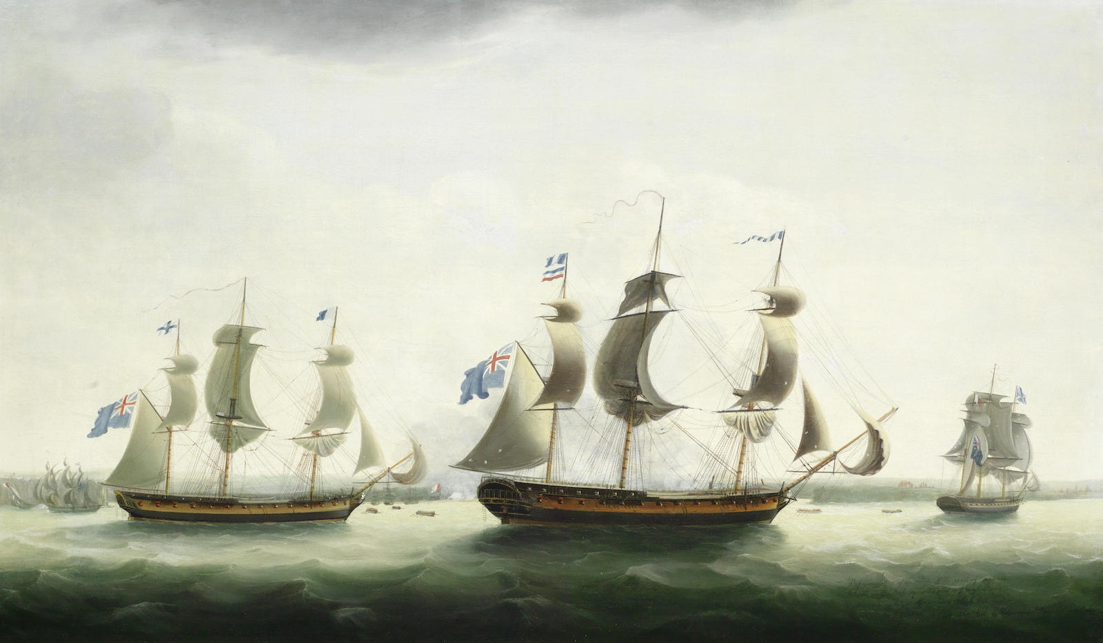 Artwork by Francis Holman, H.M.S. Melampus with the frigates Diamond, Hebe, Niger and Siren off Jersey, Made of oil on canvas