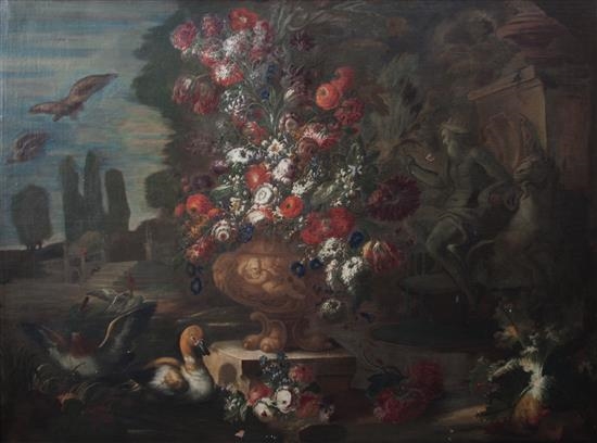Large Urn of Flowers in a Landscape with Ducks by Continental School, 19th Century