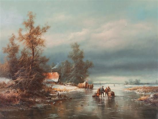 Winter Lake Scene with Villagers by Ludwig Muninger