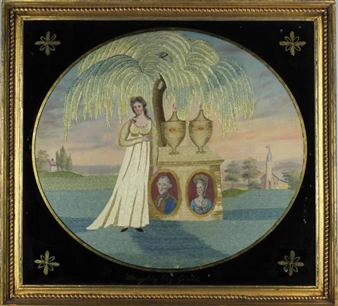 IMPORTANT GEORGE AND MARTHA WASHINGTON EMBROIDERED AND PAINTED SILK MOURNING PICTURE - Eliza Gould