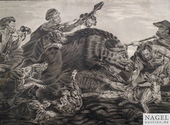 Pair of Works: Huntsmen and dogs attacking a boar, Two lions attacking a roebock - Giovanni Maria Quaglio