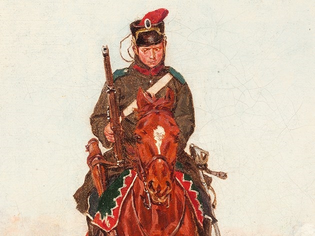 Artwork by Gustav Wie, Cavalryman in a Winter Battle, Made of Oil on canvas