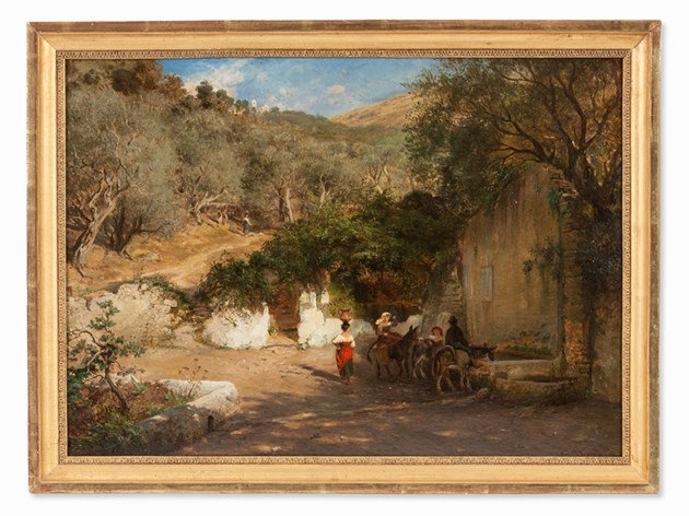 Artwork by Adolph Thomas‏, Fountain Near Tivoli, Made of Oil on cardboard