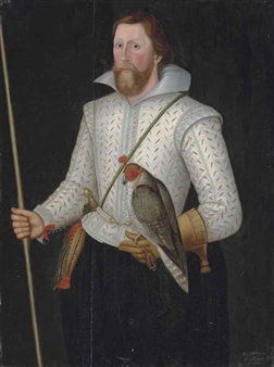 Portrait of Sir Thomas/4-1641), half-length, in a slashed white doublet, girdled with a sword, holding a falcon and his wand of office Monson - British School, 19th Century