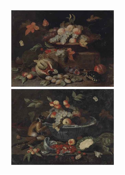 Grapes, apples, peaches in a blue and white porcelain bowl, with strawberries in a broken porcelain bowl on a stone ledge, with a monkey; and Grapes and peaches in a basket on a raised stone ledge, with a melon, figs and a turtle by Pseudo Jan van Kessel II