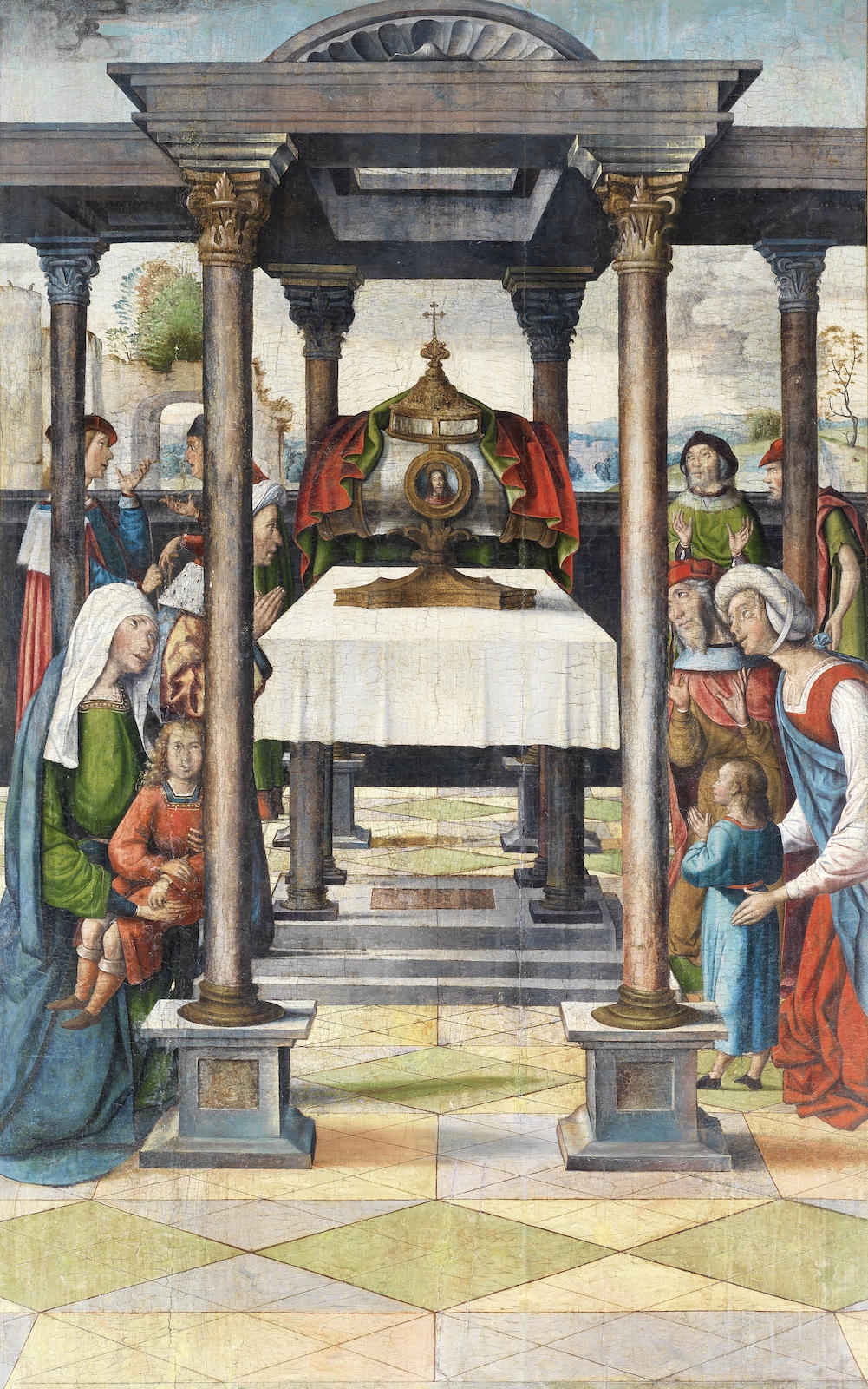 Artwork by Juan Rodriguez de Solis, Figures worshipping at the shrine of Saint Stephen's relics, Made of oil on panel