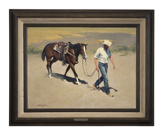 Coolin, cowboy walking a horse by Bob Tommey