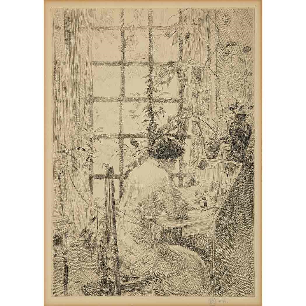 Artwork by Childe Hassam, The Writting Desk (Cortissoz / Clayton 54), Made of etching on cream wove paper