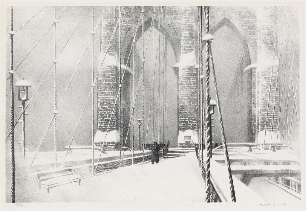 Artwork by Stow Wengenroth, Brooklyn Bridge in Winter, Made of Lithograph on smooth, cream wove paper