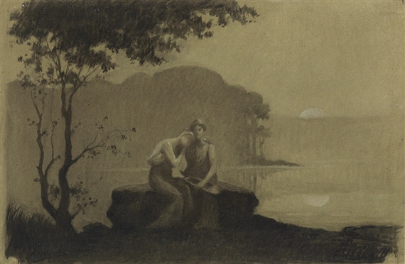 Muses Devant un Lac, Soleil Levant by Alphonse Osbert