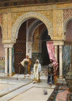 Pair of Works: Moors in a courtyard; Odalisque in a Moorish courtyard - Rafael Blanco Merino