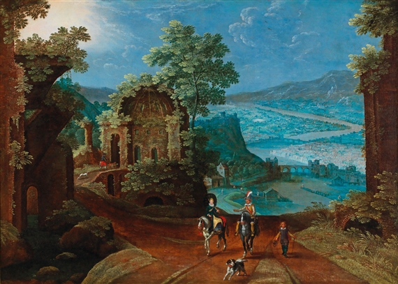 Two riders on a hill, with ancient ruins and a river landscape below by Tobias Verhaecht