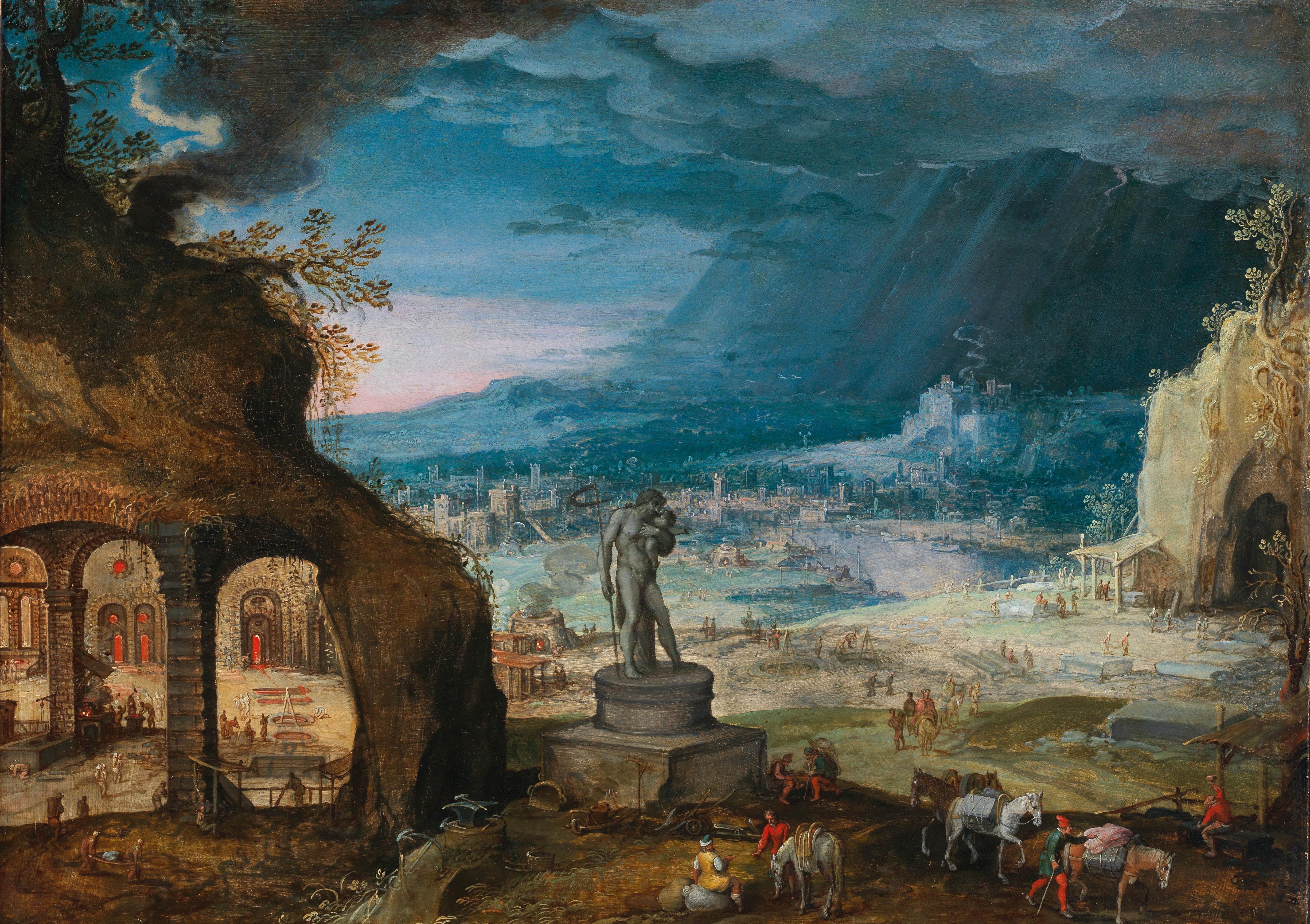 An extensive landscape with a statue of Saturn by Hendrik van Cleve