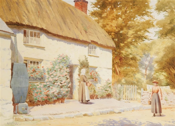 Two ladies standing by a thatched cottage