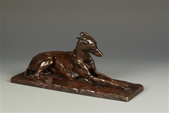 A patinated bronze study of a recumbent whippet with fore legs outstretched - Albert Ernest Sanchez