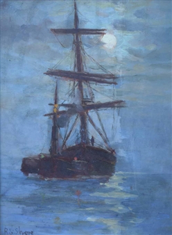 A dark sailing ship glides across a moonlit sea under a vast blue sky.