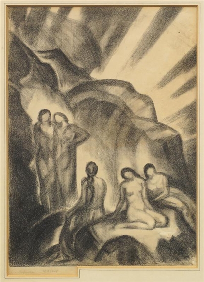 Five figures in a rocky landscape by Ludwig von Hofmann