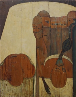 A stylized composition of abstracted figures in earthy tones against a cream background.