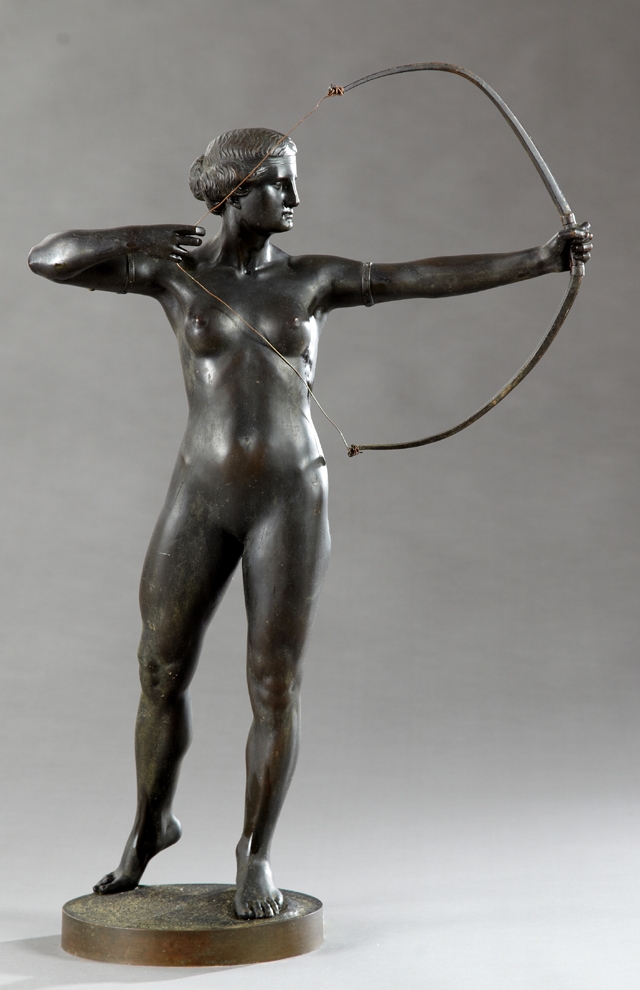 Artwork by M. Ziegler, Classical Nude Female Archer, Made of bronze.