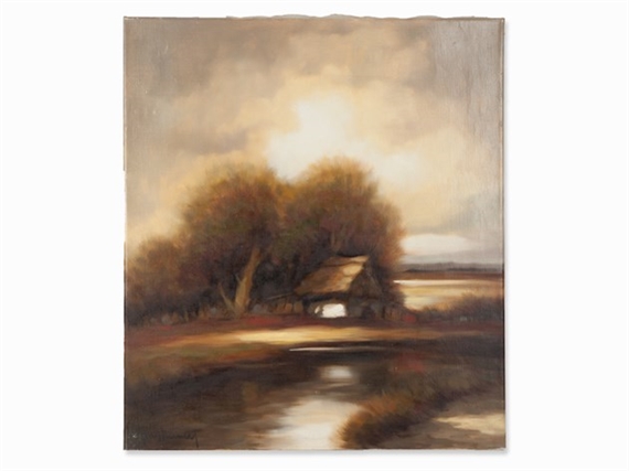 Riverscape with Small Cottage by Hans Nowack, Circa 1965
