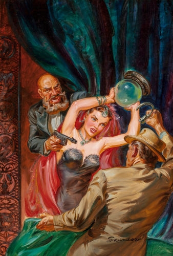 My Little Gypsy Cheat-Heart, Dime Detective pulp magazine cover by Norman Saunders, August 1951