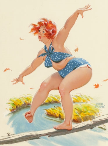 Hilda Losing her Balance, Brown & Bigelow calendar illustration by Duane Bryers, 1961