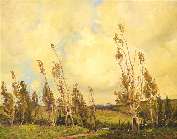A landscape painting featuring a field of tall, thin trees under a vast yellow sky.