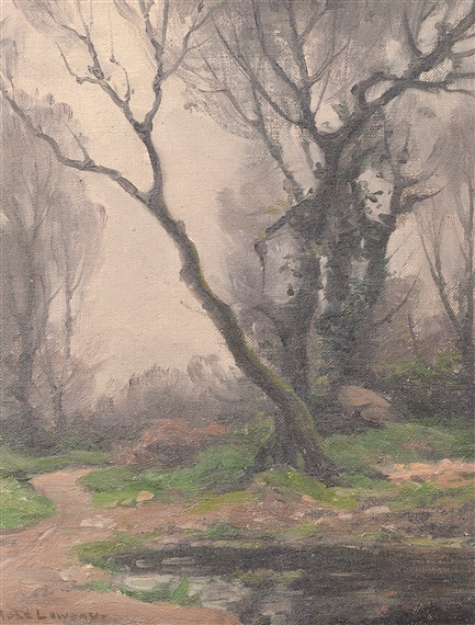 A misty woodland scene featuring a winding path and bare trees under an overcast sky.
