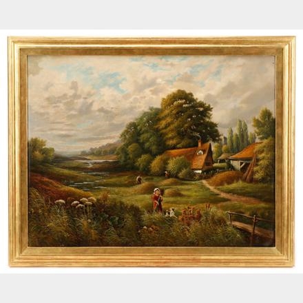 British School, 19th Century | Pastoral Scene with Thatched Roof Houses ...