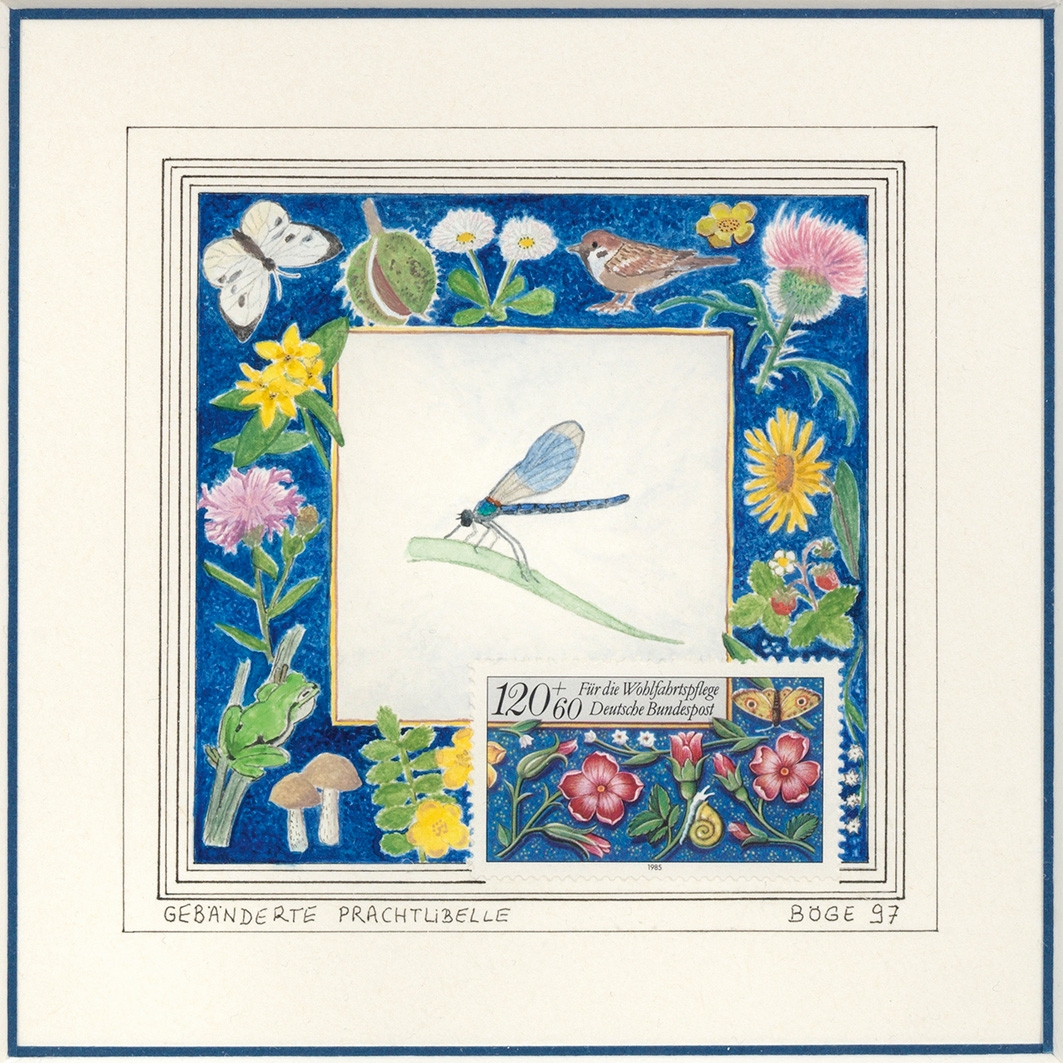 Artwork by Dorothea Böge, Gebänderte Prachtlibelle, Made of watercolour, ink and postage stamp on paper