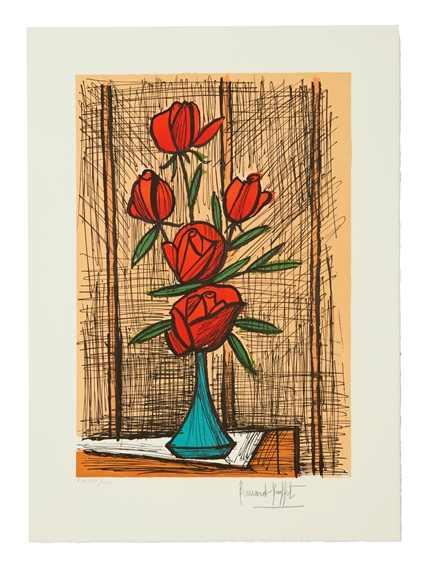 Bernard Buffet | Bouquet de cinq roses au vase bleu | MutualArt