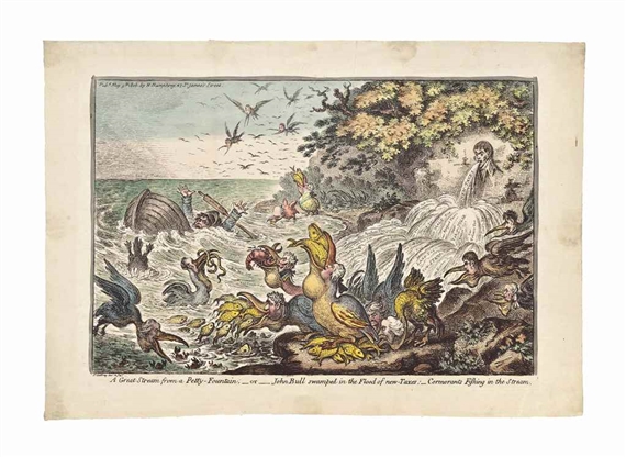 A great Stream from a Petty-Fountain, or John Bull swamped in the flood of new Taxes, Cormorants Fishing in the stream by James Gillray, 1808