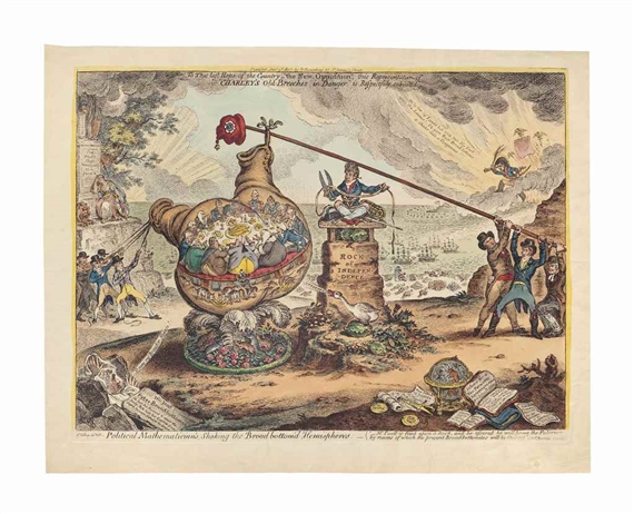 Political Mathematicians, Shaking the broad bottom'd Hemispheres by James Gillray, 1807