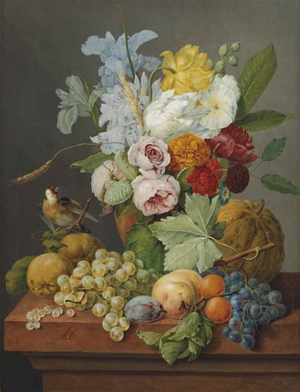 An abundant bouquet of pink roses, tulips, irises and rhododendrons in a vase with a goldfinch and fruits by Anthony Oberman