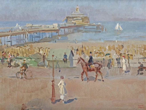 A view of the Scheveningen boulevard with the Wandelhoofd Wilhelmina in the distance by Isaac Israëls, circa 1917