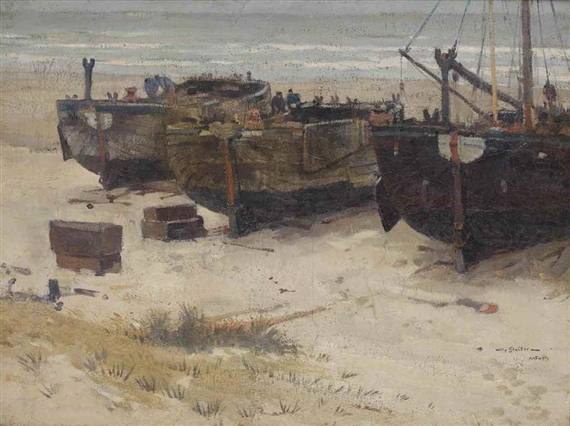 Bomschuiten on the beach, Katwijk by Willy Sluiter, circa 1900