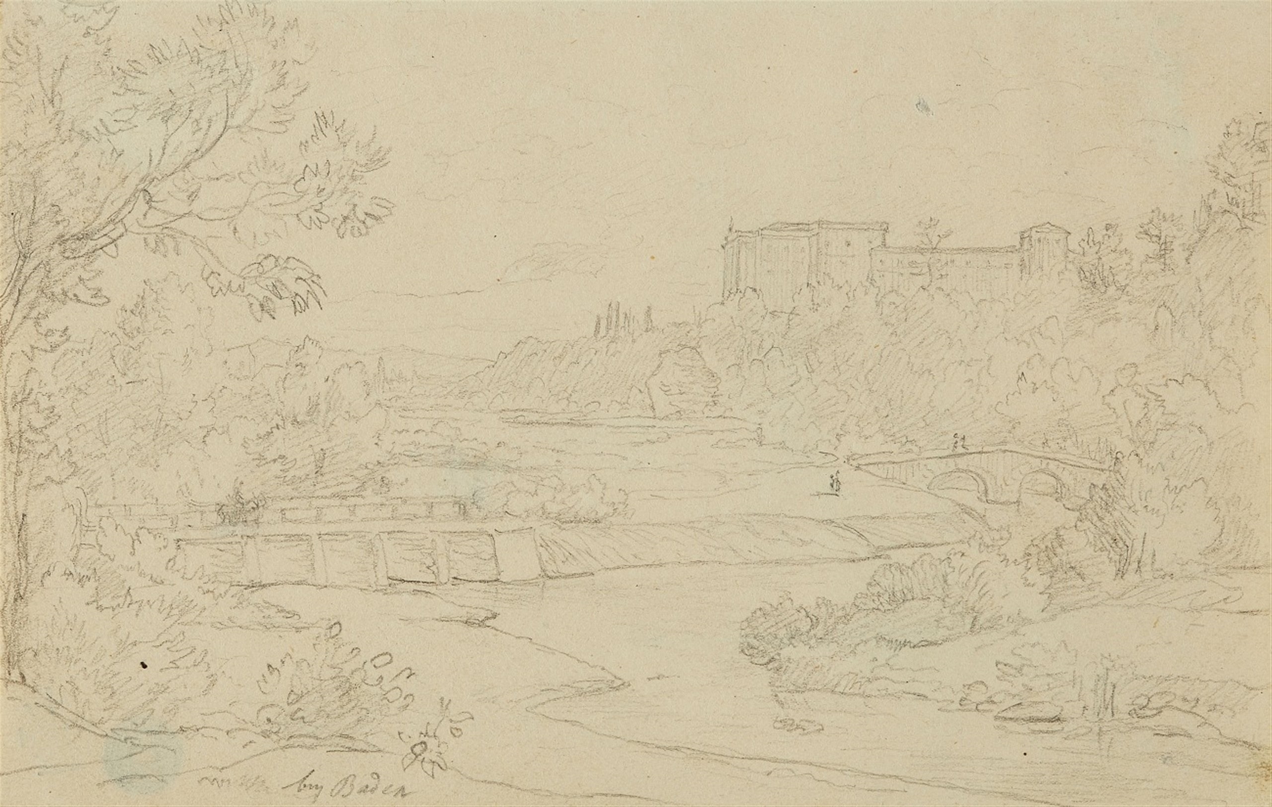 Artwork by Carl Rottmann, Landscape Near Baden / Vienna with a Palace, Made of Pencil