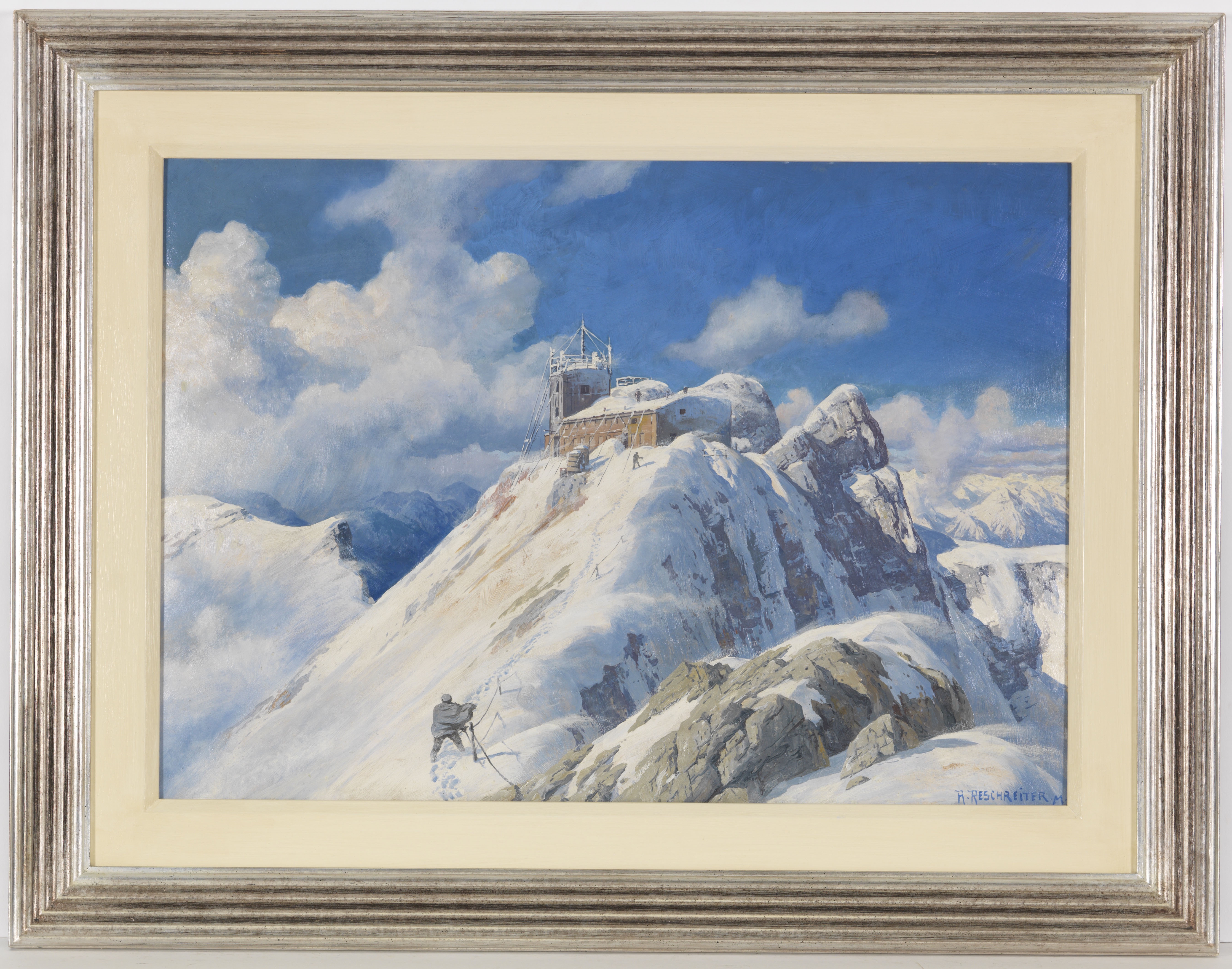 Artwork by Rudolf Reschreiter, Der Zugspitzgipfel mit Wetterwarte und Münchner Haus, Made of Oil on cardboard